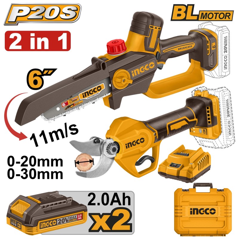 Ingco CGSLI2066 Mini Saw + CSSLI20308 Pruning Shears Kit with Battery/Charger – COSLI250795E