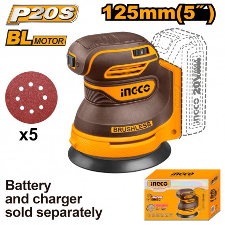 INGCO 20V Battery-Powered Random Orbital Sander, Body Only, Ø125 mm Brushless