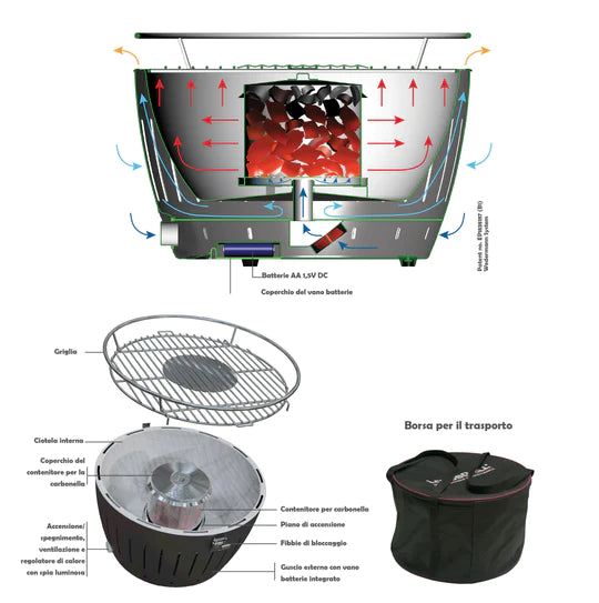 LOTUSGRILL - Barbecue da Tavolo XL | Carbonella Senza Fumo | Griglia Ø40,5cm | 6,5 kg | USB
