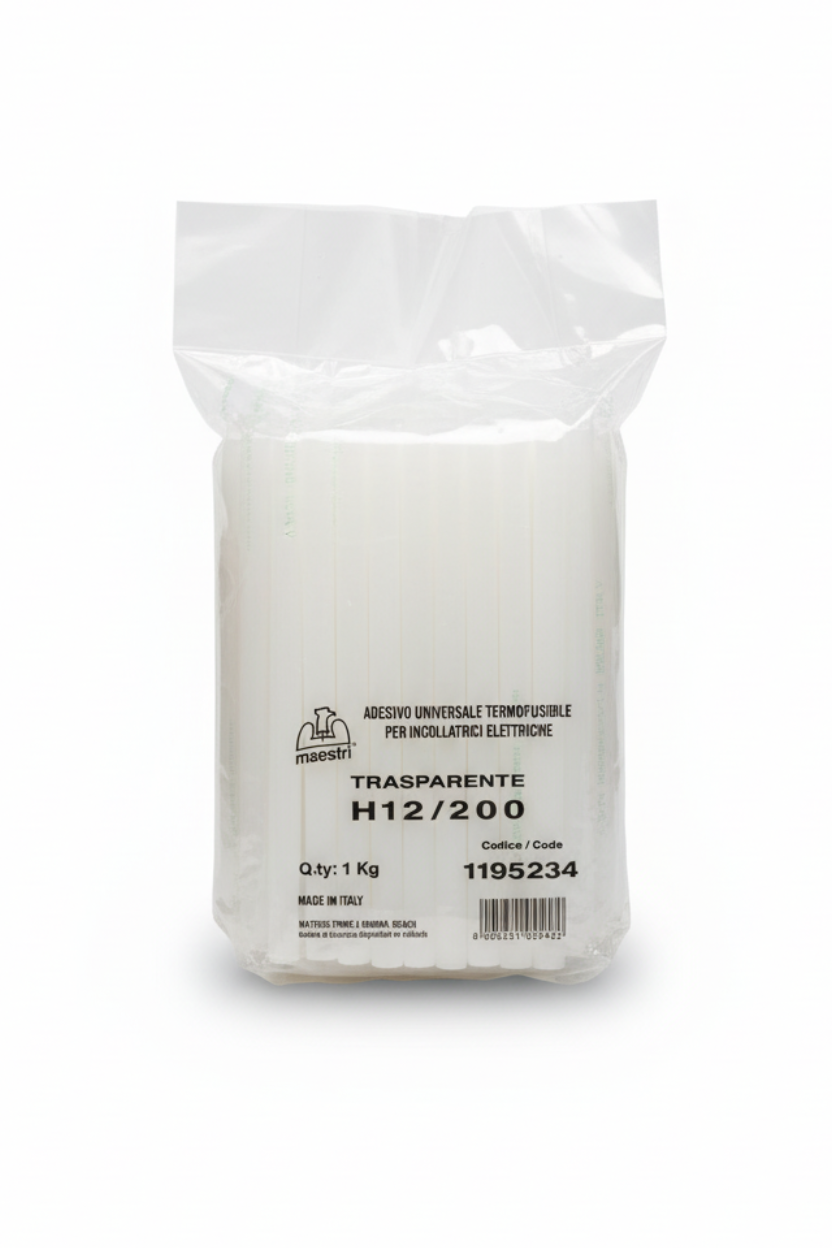 Maestri H12/200 stick colla termofusibile trasparente 1kg busta sfondo bianco professionale
