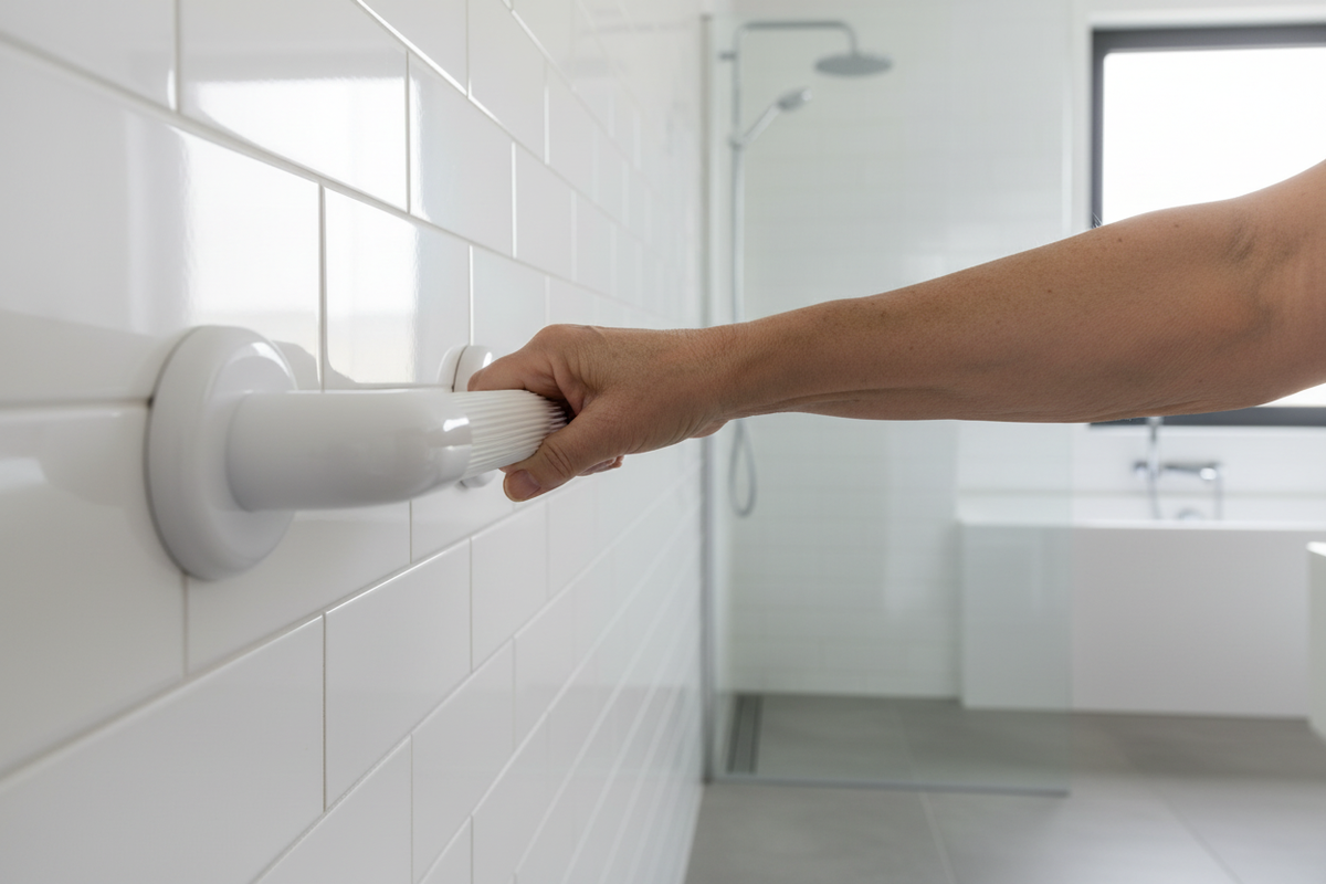 Maniglione sicurezza 60cm bianco installato bagno moderno accessibilità