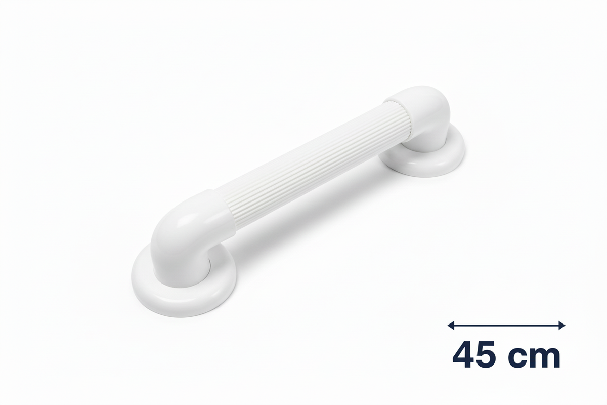 Maniglione sicurezza bagno bianco 45cm dicitura misura sfondo bianco