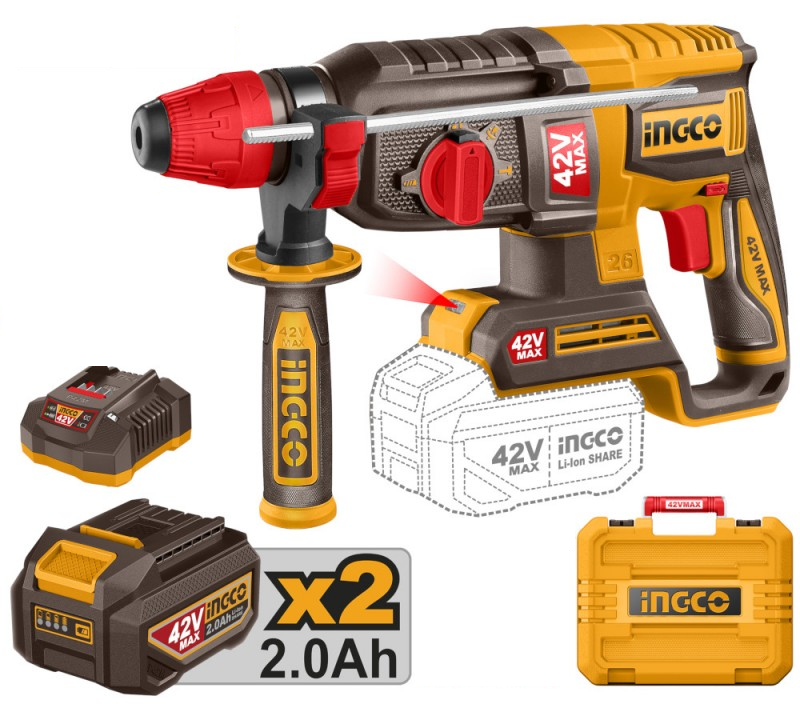 INGCO - Martello Demolitore Brushless CRHLI422682E | 42V | 26mm SDS+ | 4 Funzioni | 2,5J | Kit 2 Batterie 2Ah + Valigetta