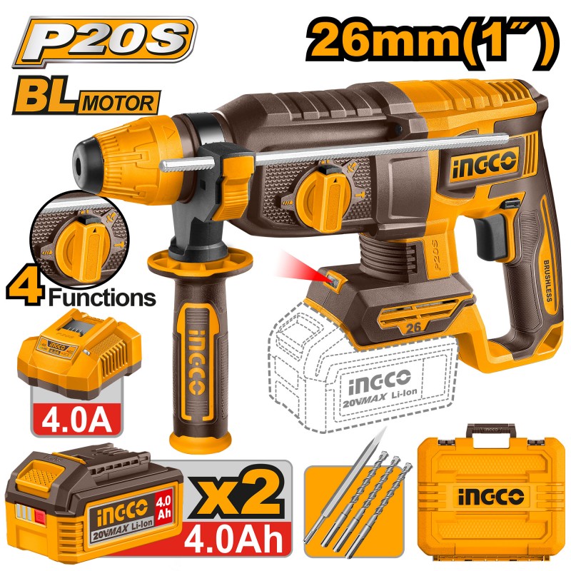INGCO - Martello Perforatore Brushless CRHLI262085E | 20V SDS-Plus | 2,5J | 4 Funzioni | 2 Batterie 4Ah