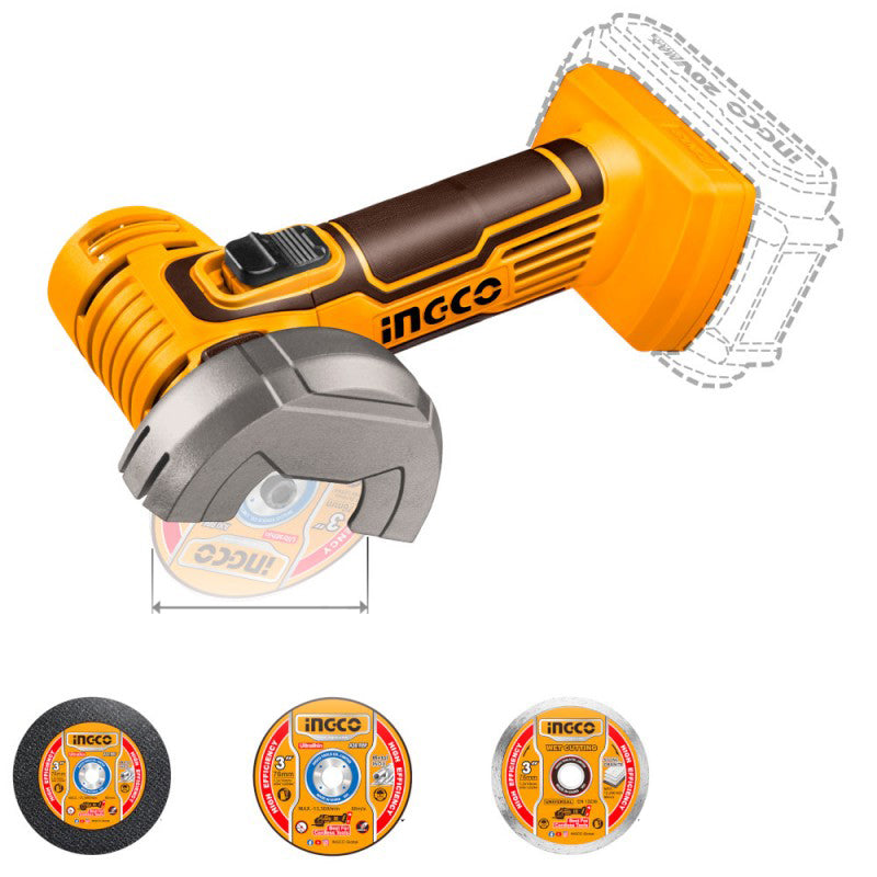 INGCO - Mini Smerigliatrice Angolare a Batteria CAGLI76011 | 20V | 76mm (3") | 19.500 giri/min | P20S | Solo Corpo