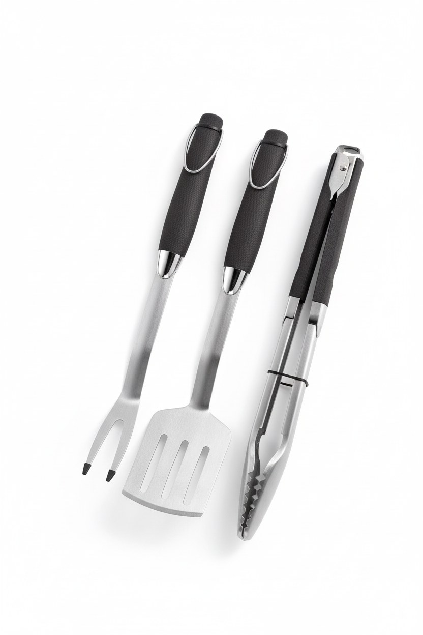 OMPAGRILL set 3 utensili BBQ forchetta spatola pinze sfondo bianco senza packaging