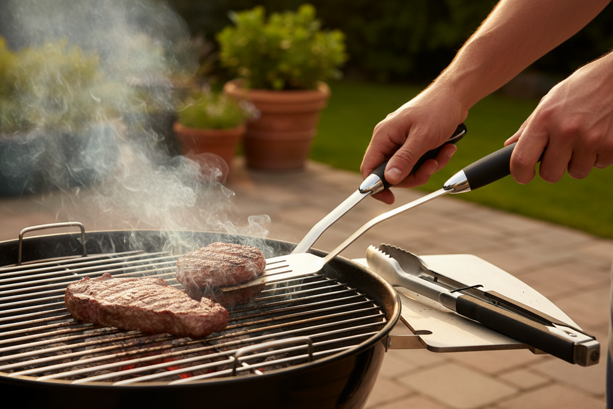 OMPAGRILL set utensili BBQ forchetta spatola pinze uso realistico barbecue giardino