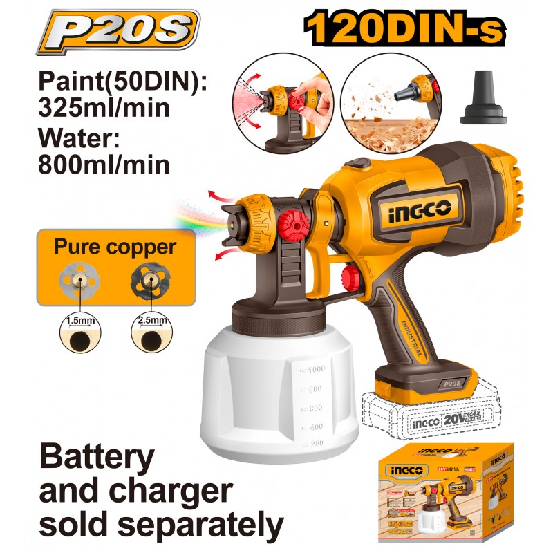 INGCO - Aerografo a Batteria 20V CSGLI2004 | Solo Corpo | 800 ml/min | Serbatoio 1000ml | 2 Ugelli Rame 1,5/2,5mm | Piattaforma 20V