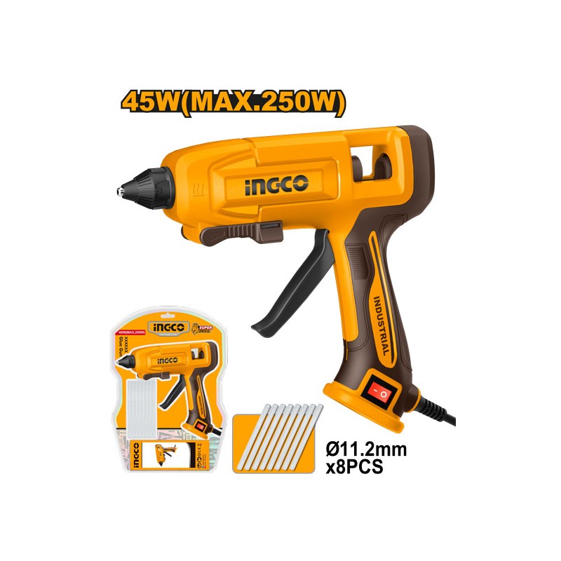 INGCO - Pistola Termocollante GG408 | 45W (max 250W) | 8 Stick 11,2mm | Preriscaldamento 3-5 min | 20-30g/min