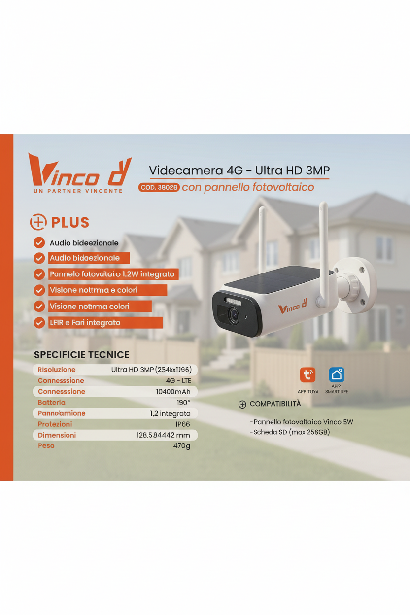 Scheda presentazione Vinco videocamera 4G solare Ultra HD 3MP