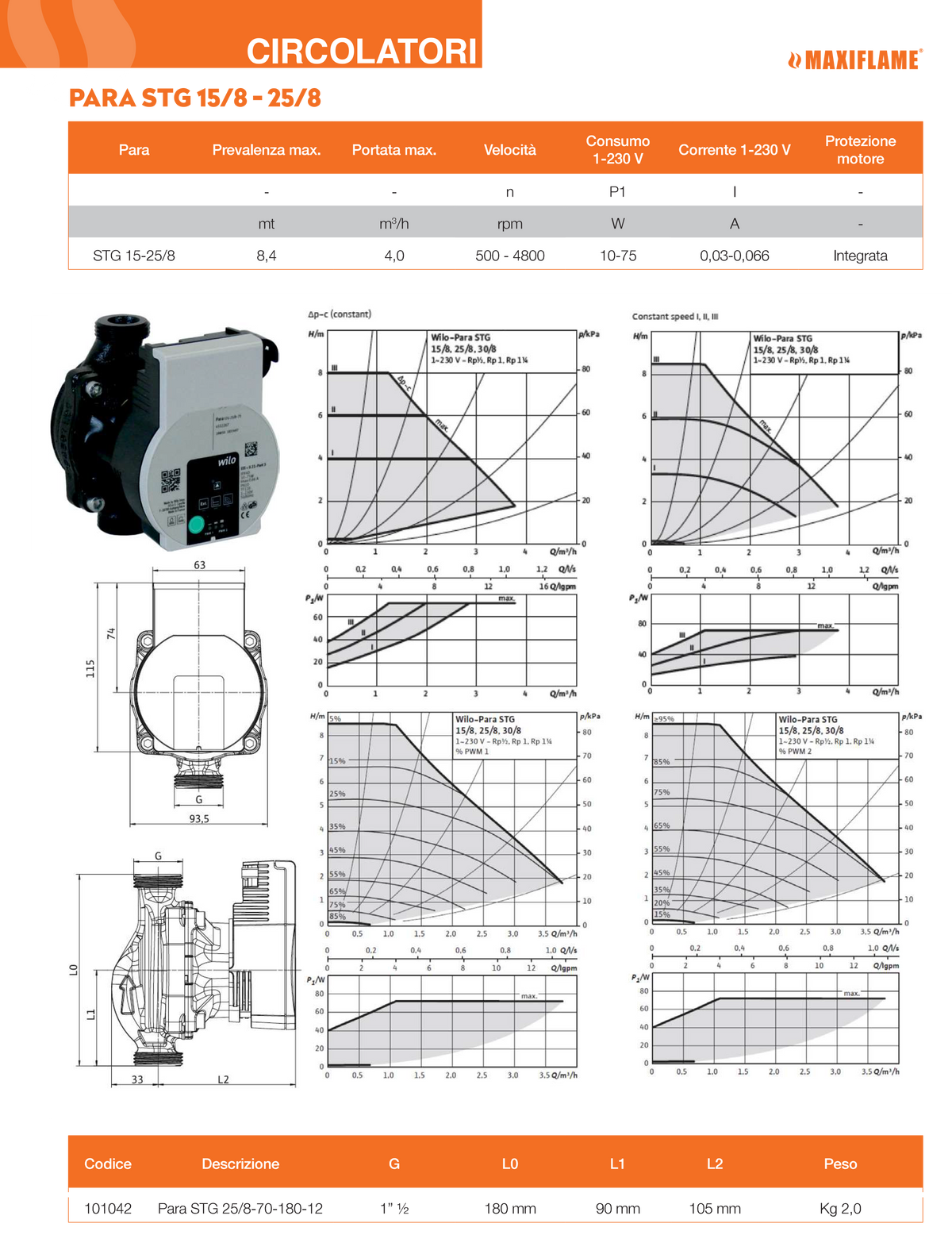 WILO - Circolatore Inverter Solare Para STG 25/8 101042 | Interasse 180mm | Raccordi 1-1/2" | iPWM