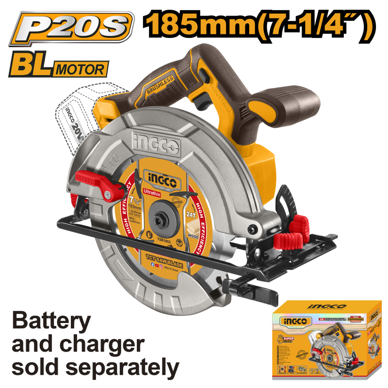 INGCO - Akku-Kreissäge Brushless CSLI1851 | 20V P20S | 185mm | 4800 U/min | Schnitttiefe 90° 65mm | Nur Gehäuse