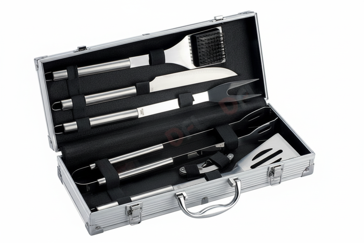 Set utensili BBQ valigetta alluminio aperta vista frontale sfondo bianco