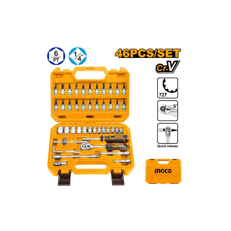 INGCO - Werkzeugkoffer 46-teilig Steckschlüsselsatz 1/4" HKTS14462 | Cr-V 50BV30 | Ratsche 72T | Quick Release