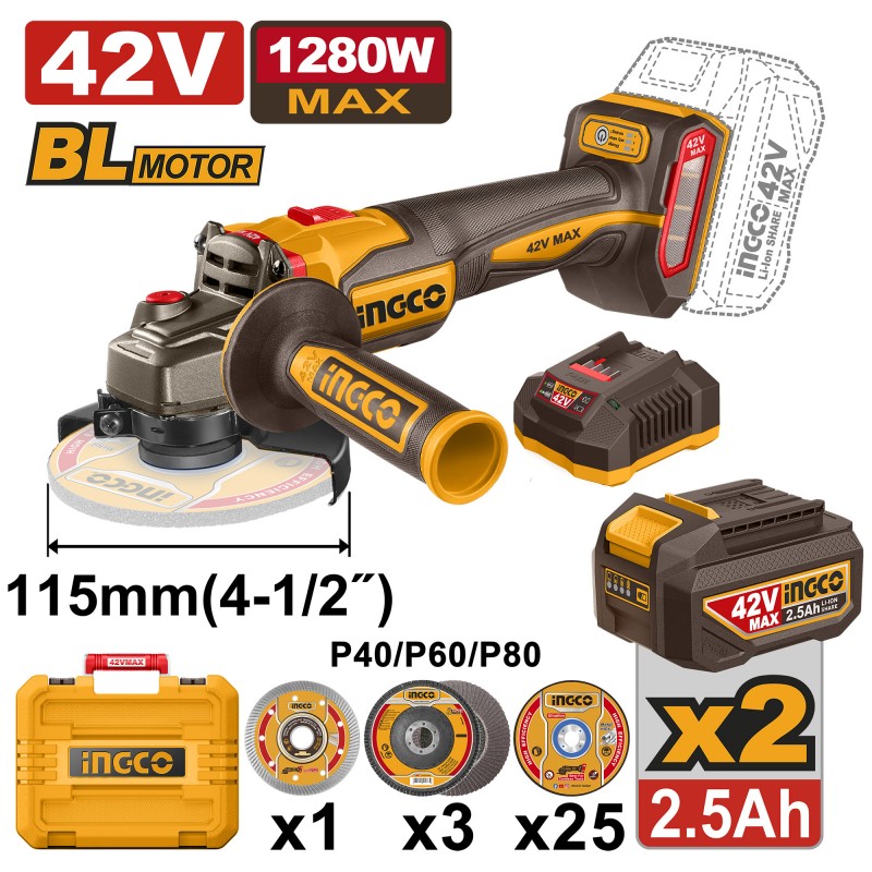 Ingco 42V 1280W 115mm Angle Grinder with 2 Batteries and Charger – CAGLI4128112E