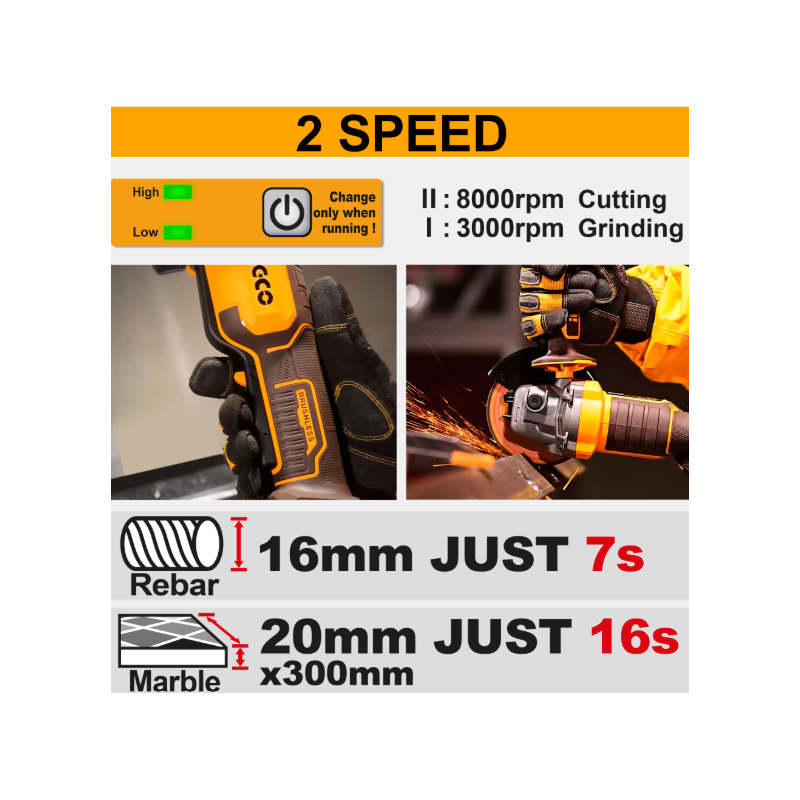 INGCO - Smerigliatrice Angolare Brushless CAGLI2111561E | 20V | 115mm | Batteria 4,0Ah | 10 Dischi | Valigetta