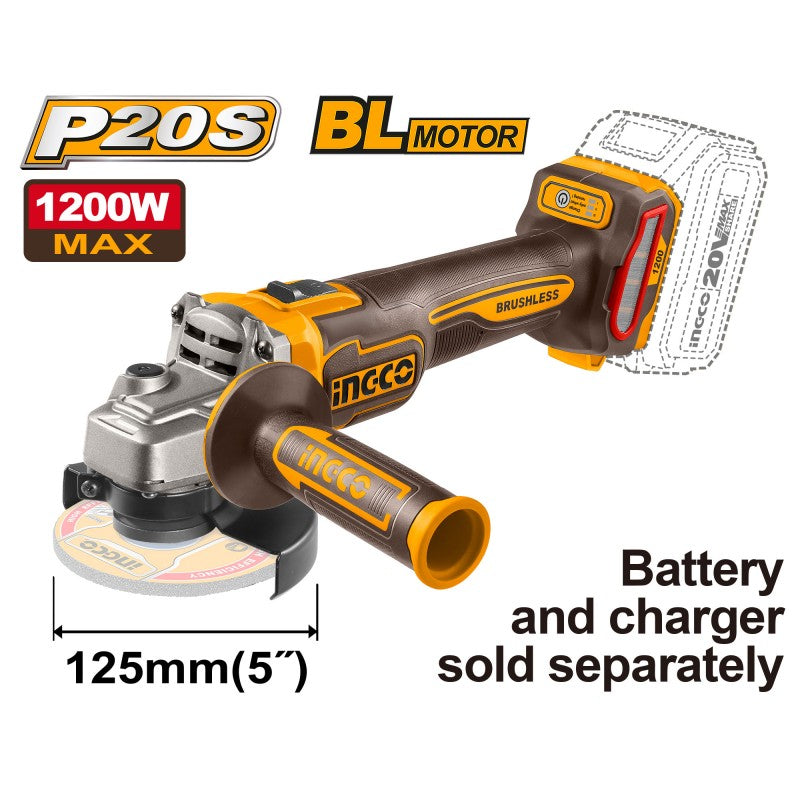 INGCO - Smerigliatrice Angolare Brushless 125mm 20V CAGLI221253E | 1200W | 3000-9000 rpm | M14 | Solo Corpo | P20S