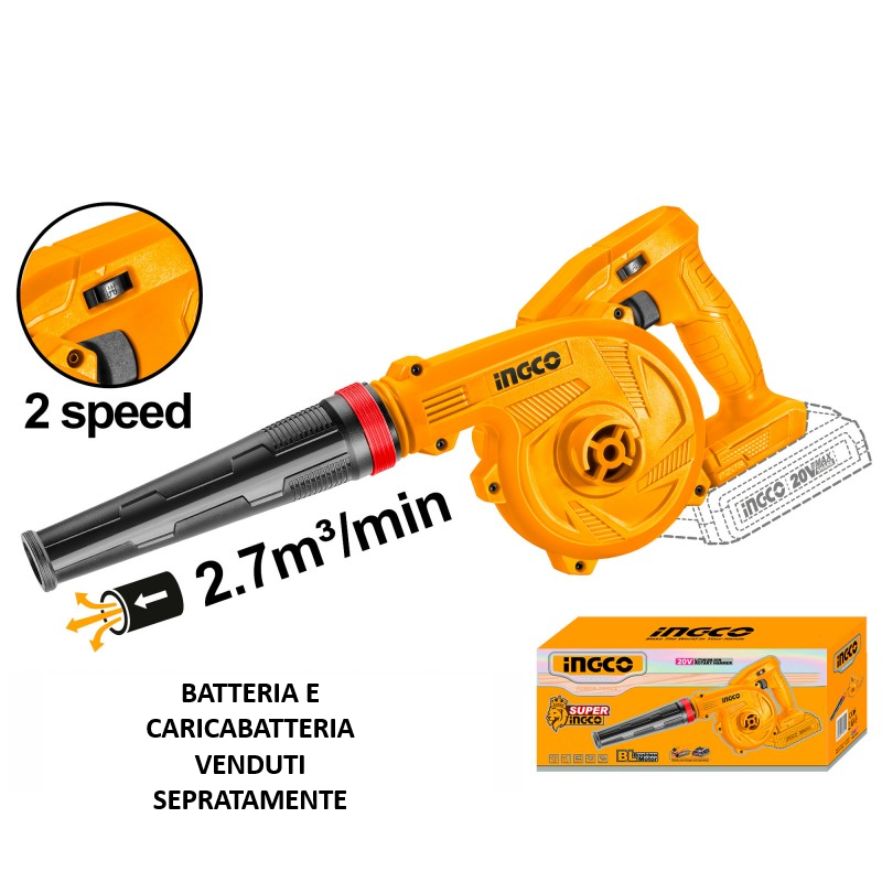 INGCO - Soffiatore a Batteria 20V CABLI20018E | 2,7 m³/min | 80 m/s | 2 Velocità | Solo Corpo P20S