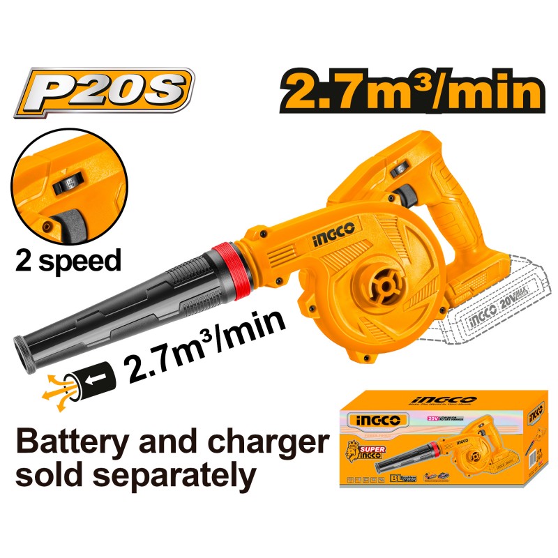 INGCO - Soffiatore a Batteria 20V CABLI20018E | 2,7 m³/min | 80 m/s | 2 Velocità | Solo Corpo P20S
