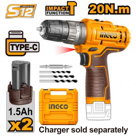 INGCO - Trapano a Percussione CIDLI12202E | 12V 20Nm | 2 Velocità 0-400/0-1500rpm | 22.500bpm | Ricarica USB-C | 2 Batterie 1,5Ah | Valigetta