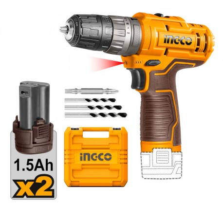 INGCO - Trapano a Percussione CIDLI12202E | 12V 20Nm | 2 Velocità 0-400/0-1500rpm | 22.500bpm | Ricarica USB-C | 2 Batterie 1,5Ah | Valigetta