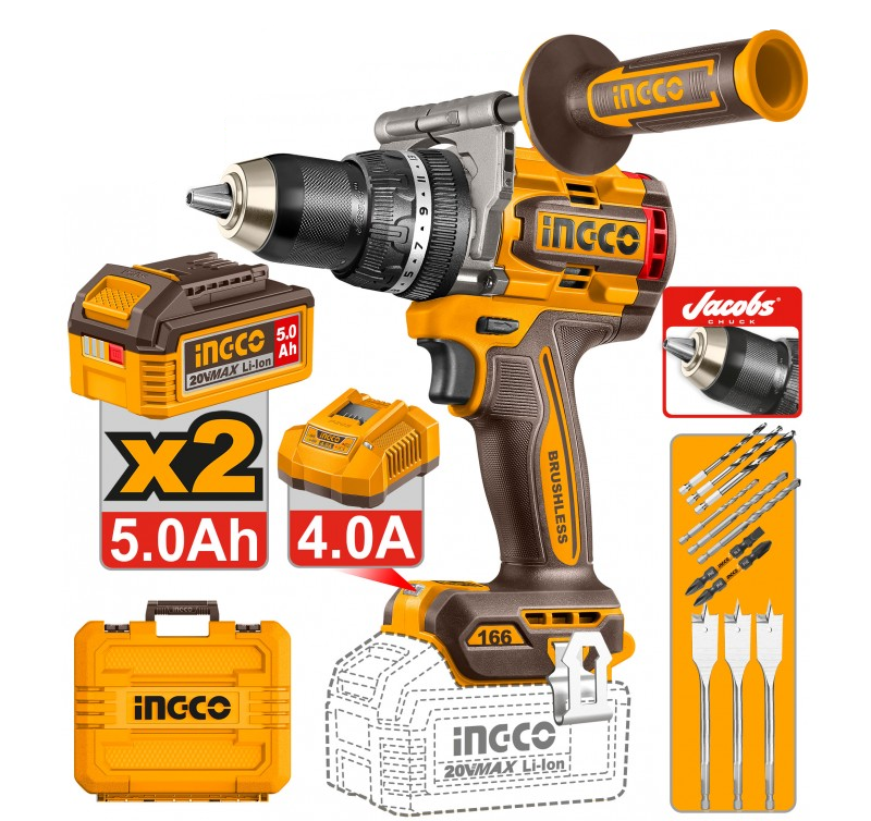 INGCO - Trapano a Percussione Brushless CIDLI201668E | 20V | 166Nm | 2 Batterie 5,0Ah | Valigetta