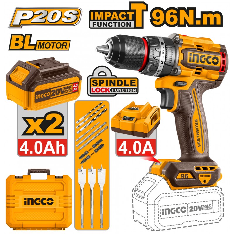 INGCO - Trapano a Percussione Brushless CIDLI20968E | 20V P20S | 96Nm | 13mm | 2 Batterie 4Ah + Caricabatterie | Kit Completo