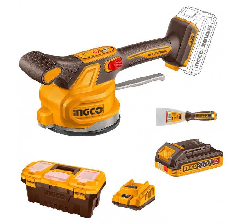 INGCO - Ventosa Vibrante per Piastrelle 20V CTVLI20018E | 130mm | 60kg | 6 Velocità | Kit Completo