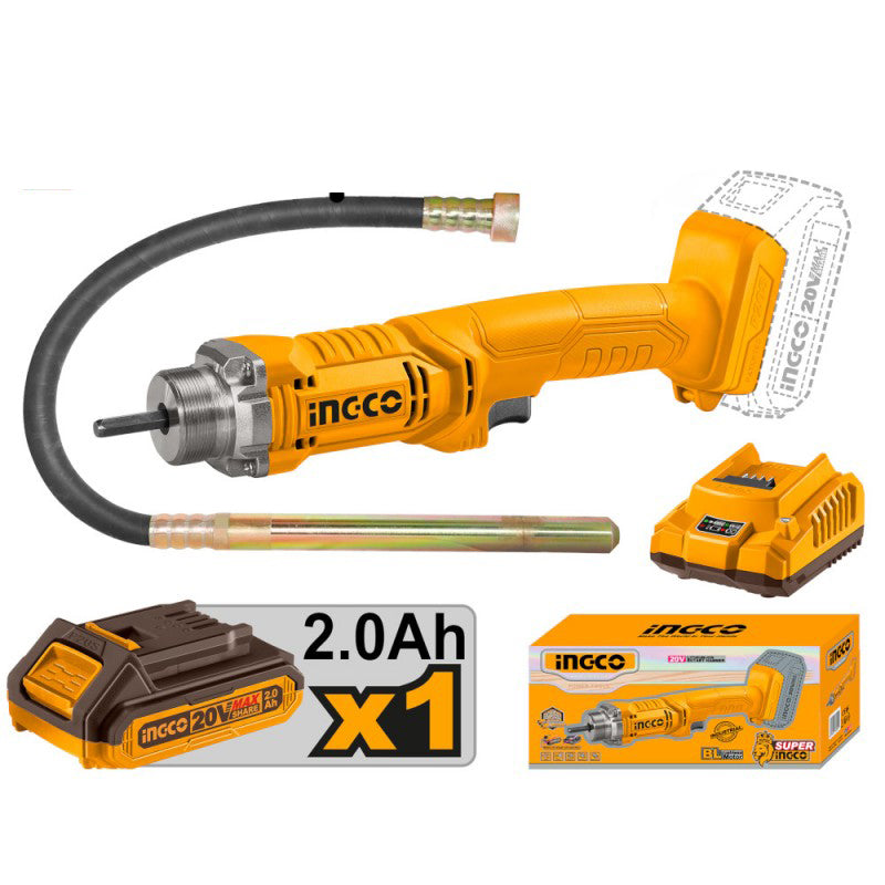 INGCO - Vibratore per Calcestruzzo a Batteria CCVLI2023011 | 20V | 2300 RPM | Kit con Batteria 2Ah e Caricabatteria
