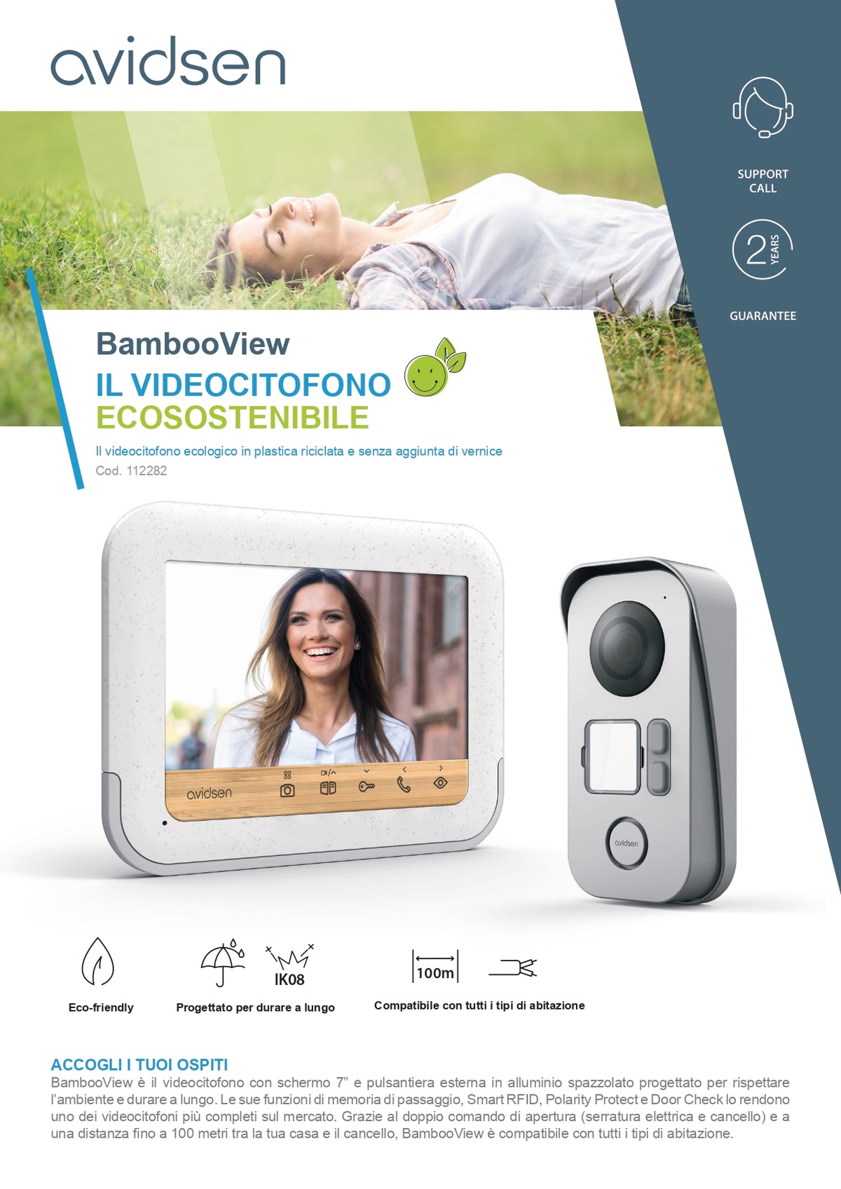 AVIDSEN - KIT Videocitofono a Colori Bamboo YLVA3 112282 | 7" Touch | 2 Fili | Bifamiliare | IP44 | Smart RFID
