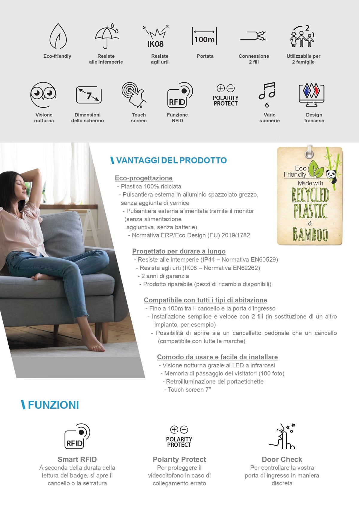 AVIDSEN - KIT Videocitofono a Colori Bamboo YLVA3 112282 | 7" Touch | 2 Fili | Bifamiliare | IP44 | Smart RFID