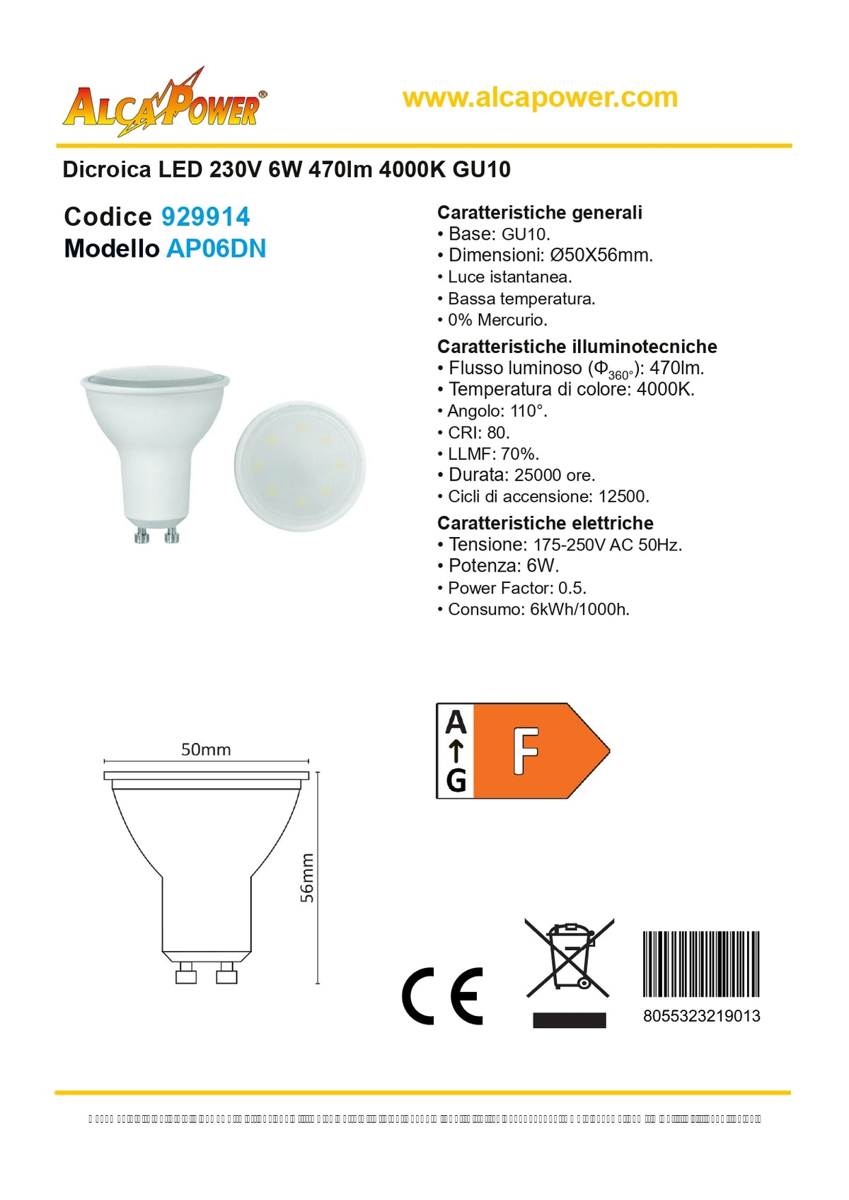 Lampadina dicroica GU10 a led 6W 470lm luce naturale 4000K