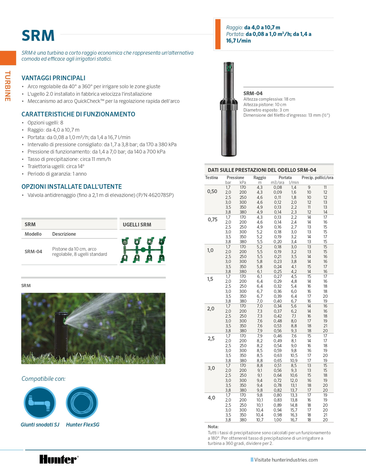 HUNTER - Irrigatore a Turbina SRM-04 | Attacco 1/2" | Alzata 10cm | Raggio 4-10,7m | Arco 40-360°