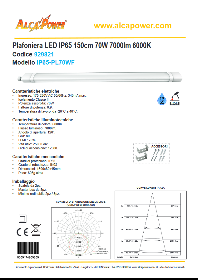 ALCAPOWER - Plafoniera LED Stagna IP65 929821 | 150cm | 70W | 7000lm | 6000K | IK08 | Interno ed Esterno