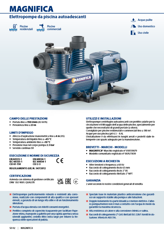 Pedrollo - Poolpumpe MAGNIFICA 1m | 0,55kW | Einphasig | Selbstansaugend | 180 m³