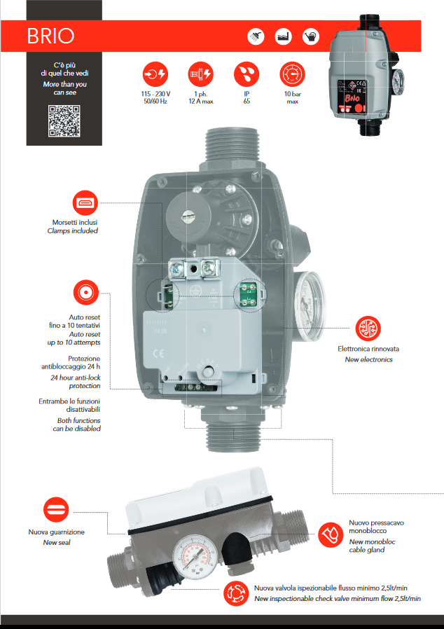ITALTECNICA BRIO – Druckschalter für Elektropumpen | Integriertes Rückschlagventil | Smart Autoreset | Antiblockiersystem