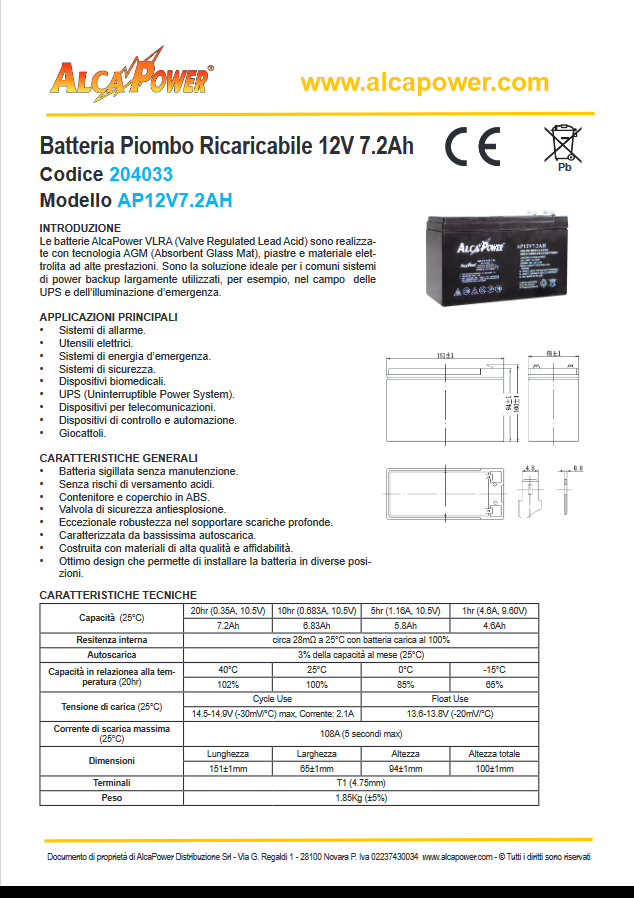 ALCAPOWER - Bleigel-Akku 12V 7,2Ah | Alarmanlagen | Faston T1 | 150x66x95mm | VRLA