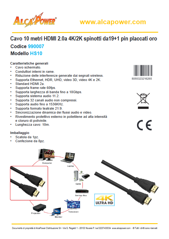 ALCAPOWER - Cavo HDMI 2.0a 10 metri HS10 | 4K Ultra HD | HDR | Spinotti 19+1 Pin Oro