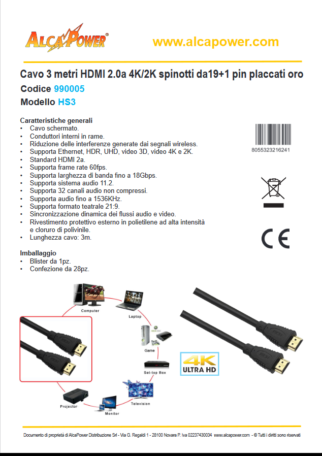 ALCAPOWER - Cavo HDMI 2.0a 3 metri HS3 | 4K Ultra HD | HDR | Spinotti 19+1 Pin Oro