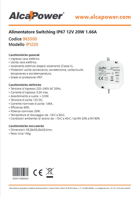 ALCAPOWER - Alimentatore da Incasso Switching IP67 963500 | 12V DC | 20W | 1,66A | Waterproof | Illuminotecnica
