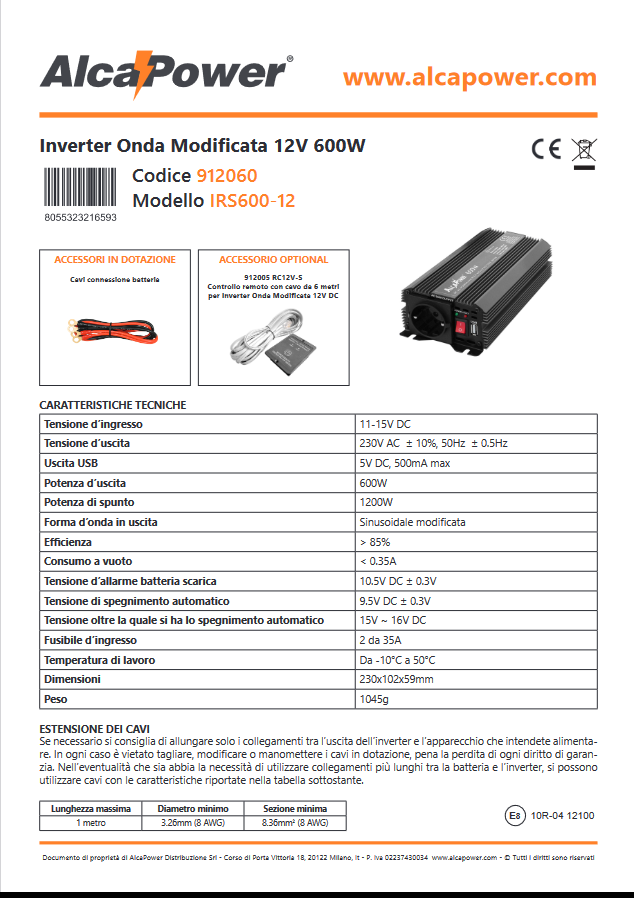 Alacapower Wechselrichter mit Sanftanlauf, 600 W, Eingang 12 V DC, Ausgang 230 V AC