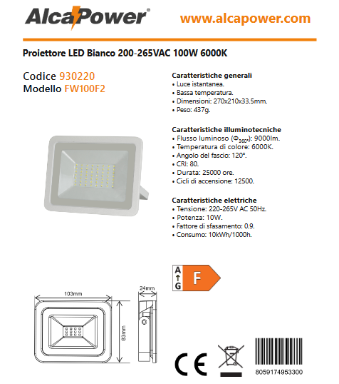 Projecteur phare LED blanc 200-265VAC 100W 6000K