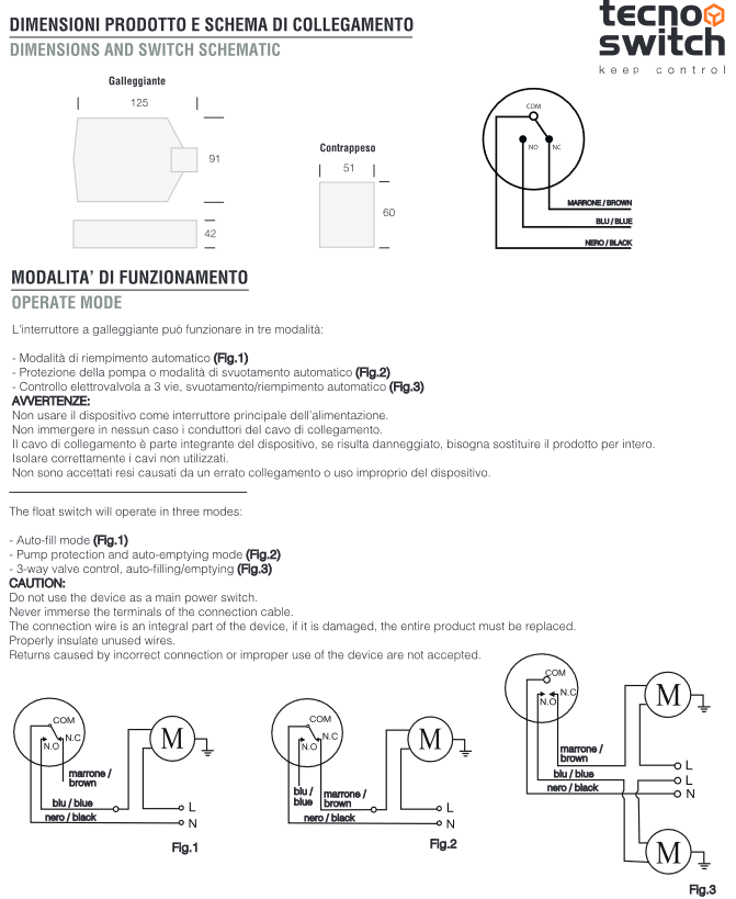 TECNOSWITCH - Galleggiante Elettrico Interruttore di Livello Acqua | IP3000/IP3100 | 230V 20A | 80°C