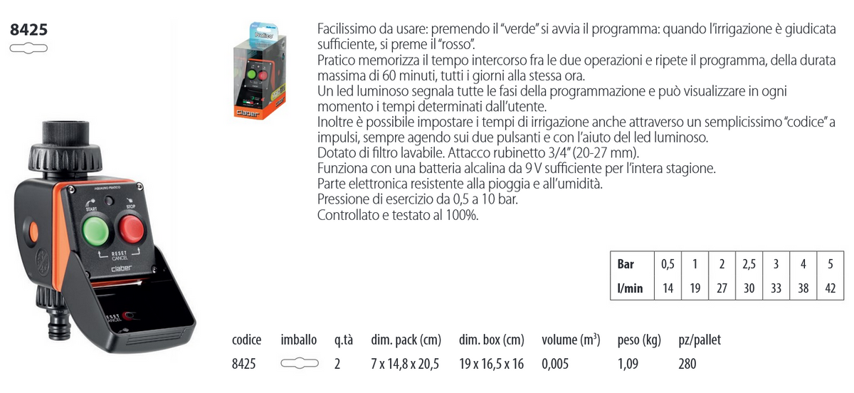 CLABER - Centralina Programmatore Aquauno Pratico 8425 | 1 Programma | 9V | Filtro Lavabile | Quick-Click