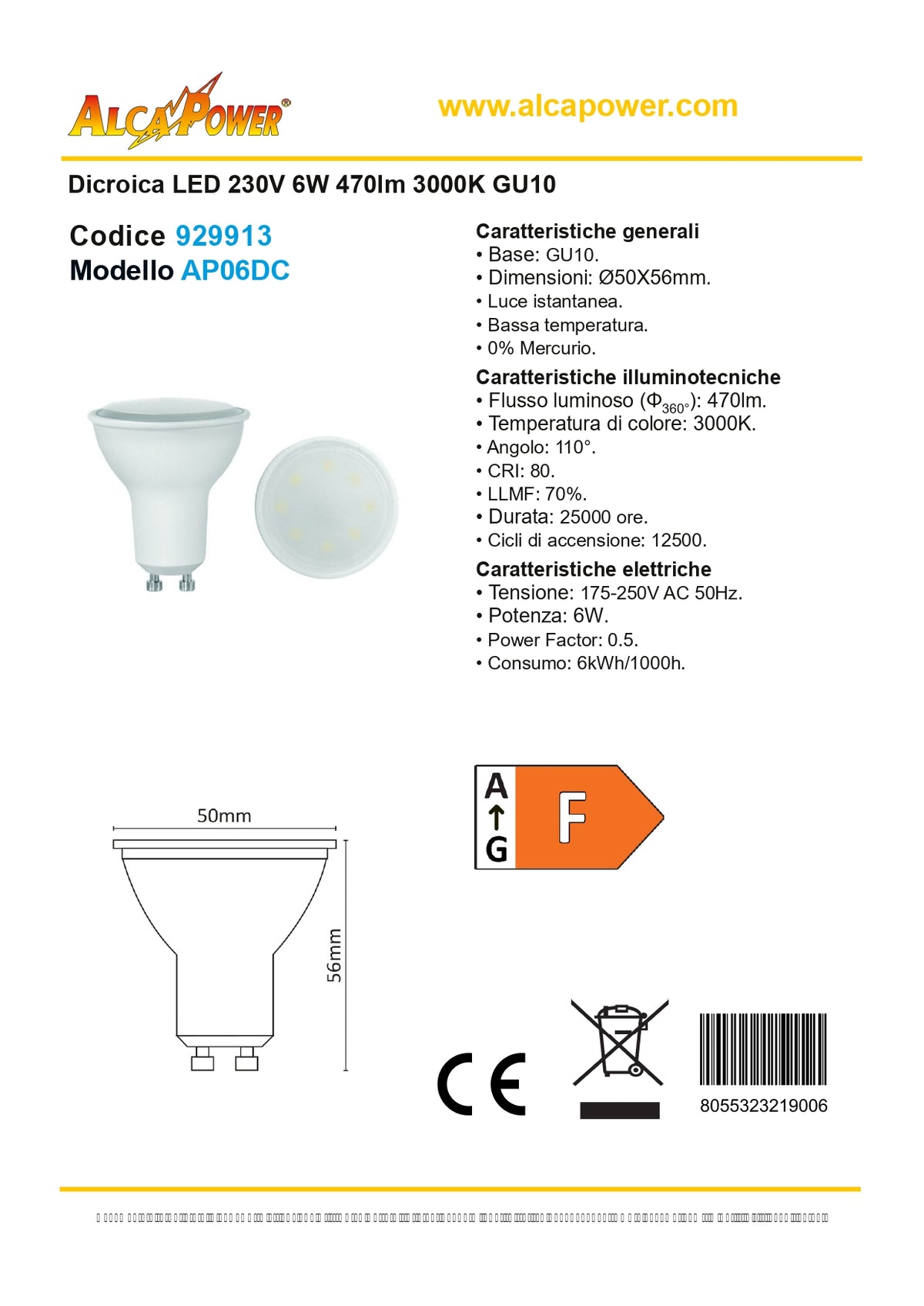 Lampadina dicroica GU10 a led 6W 470lm luce calda 3000K