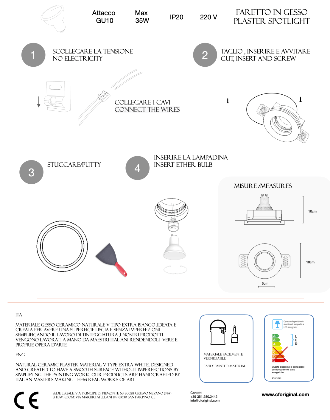 CENTRO FARETTI - Spot en plâtre encastrable rond FP56 | Douille GU10 | Peignable | Faux plafond