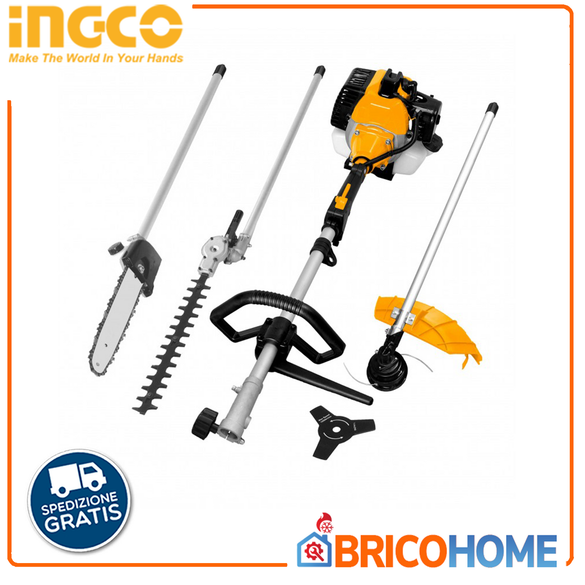 INGCO - Decespugliatore Multifunzione GMT55231E 52cc | 1,4kW | 4 in 1 | Tagliaerba Tagliasiepi Motosega