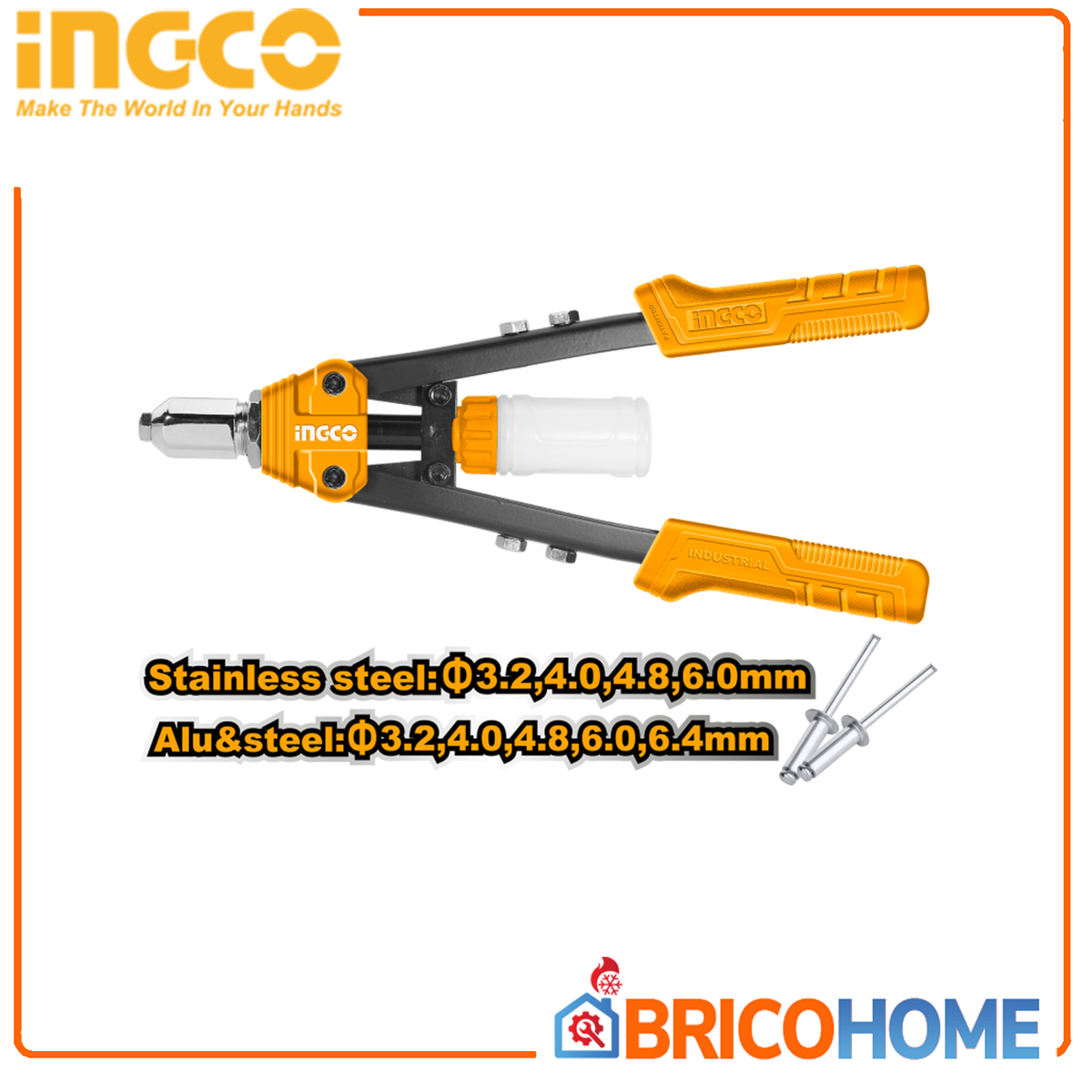 INGCO - Rivettatrice Manuale HR131 | 34cm | Acciaio+Alluminio | Rivetti 3,2-6,4mm | Inox/Al/Fe