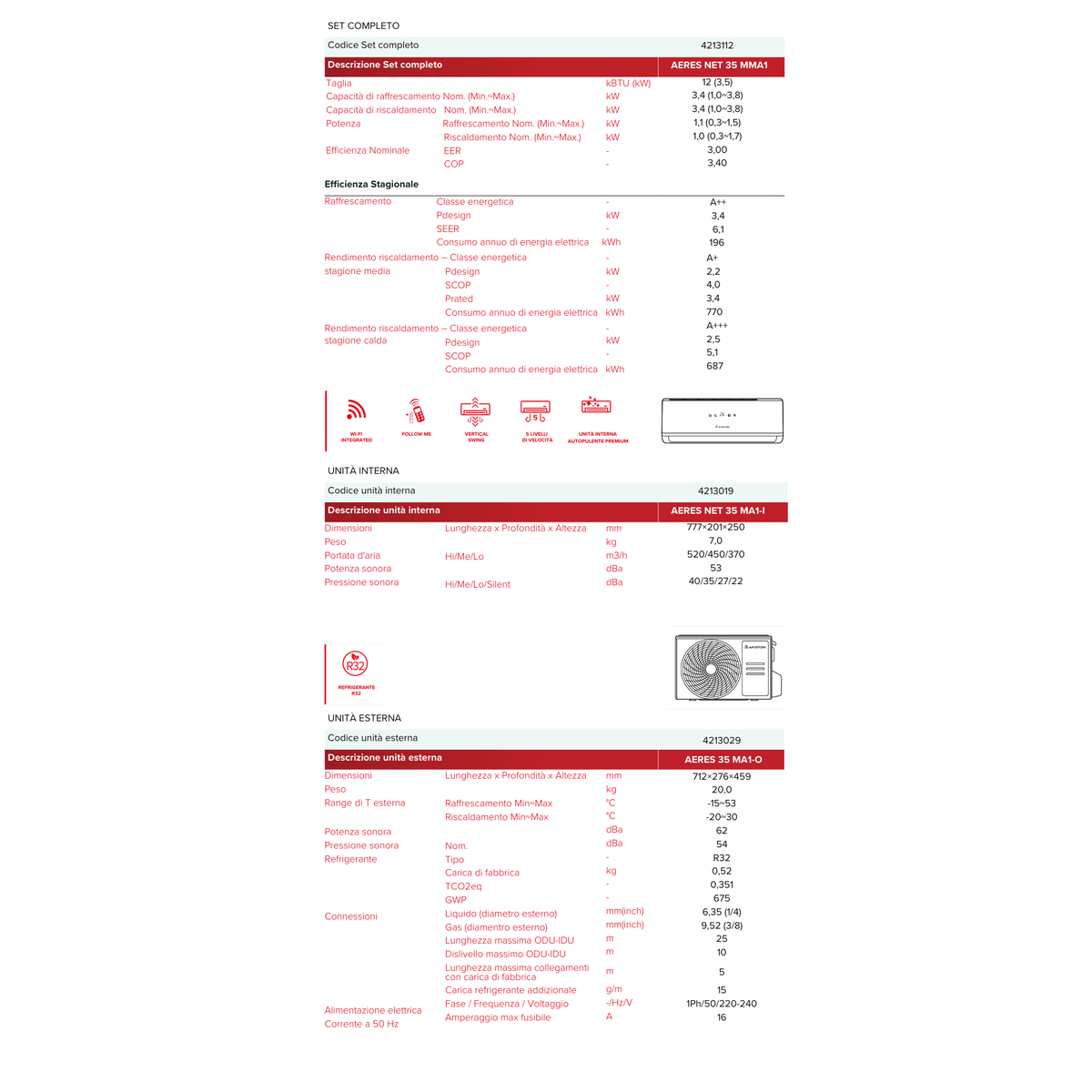 ARISTON - Condizionatore Monosplit AERES NET 35 MMA1 | 12000 BTU | Wi-Fi | Autopulente | Set Completo