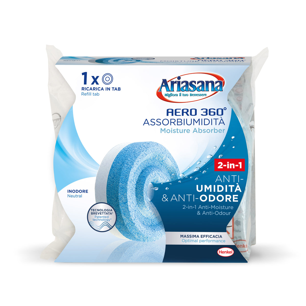 Ariasana - Ricarica Tab Aero 360° 450g | 2-in-1 Anti-Umidita' e Anti-Odore | Cristalli Ultra-Assorbenti | Tecnologia Brevettata | Neutra o Profumata